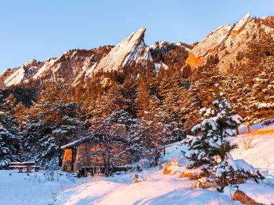 Chautauqua Picnic Shelter below Snow Covered Flatirons