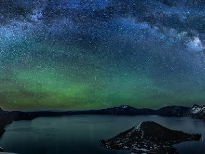 Crater Lake Solstice Milky Way Panorama (click for full width)