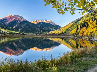 Red Mountains Autumn Sunrise on Crystal Lake