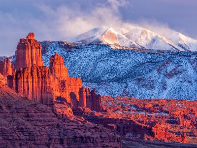 Fisher Towers and La Sals Blowing Snow