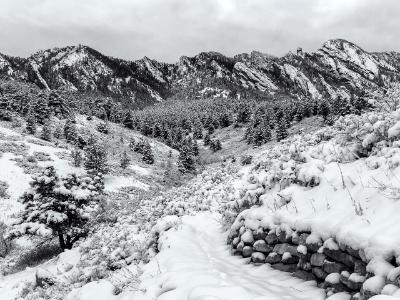 Shadow Canyon Flatirons Snowy Black & White