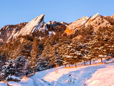 Flatirons Sunrise with Fresh Snow (Click for full width)