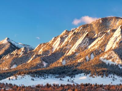 Early Morning Flatirons Snowy Panoramaa (Click for full width)