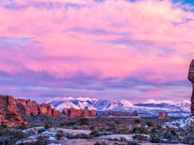 Balanced Rock and the La Sals Winter Panorama (Click for full width)