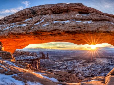 Mesa Arch Winter Sunrise Panorama (Click for full width)