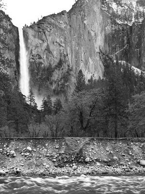 Merced River and Bridalveil Falls B&W