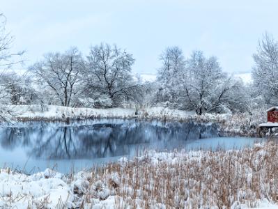 Broomfield Pond and Little Red Building (click for full width)