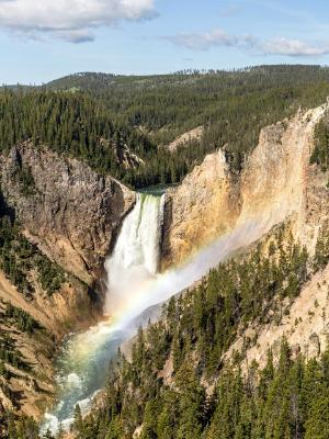 Yellowstone Lower Falls Rainbow and Blue Sky