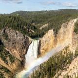 Yellowstone Lower Falls Rainbow and Blue Sky