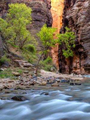 Orange Wall, Green Trees, Blue River