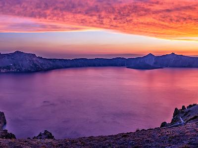 Vivid Crater Lake Sunset Panorama (click for full width)