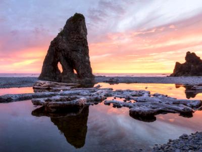 Ruby Beach Driftwood and Seastacks at Sunset