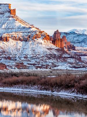 Fisher Towers Golden Light and Cololorado River Snow Fisher Towers Golden Light and Cololorado River Snow