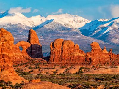 Arches Red Rocks and Snowy La Sal Mountains